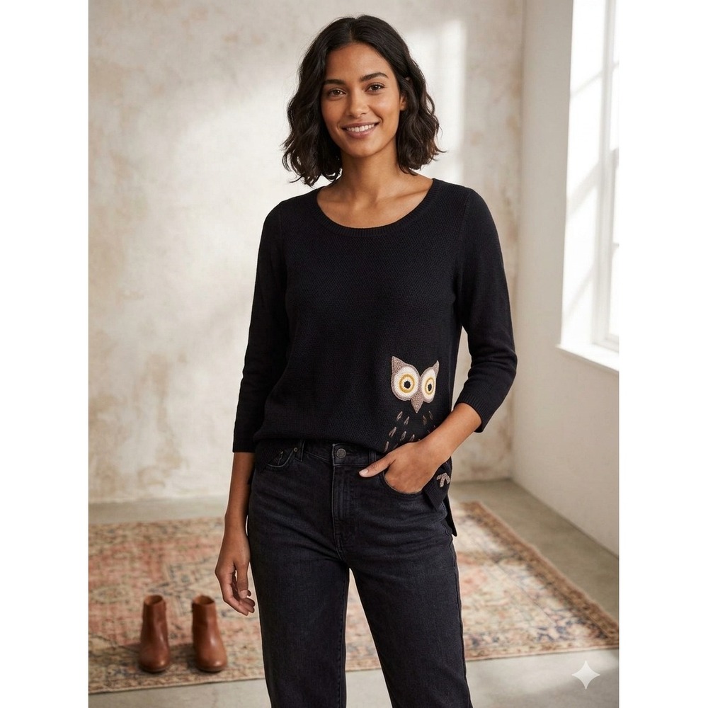 Moth Anthropologie Womens Black Owl Embroidered Cashmere Blend Sweater Medium